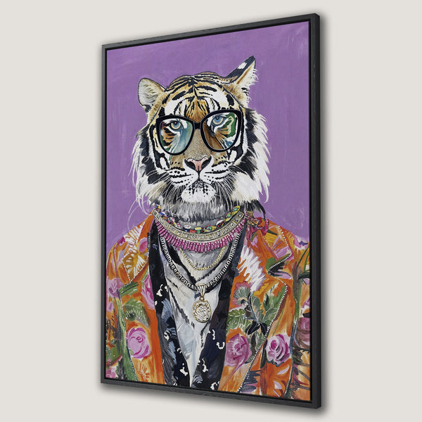 Framed Wall Art of a stylish tiger wearing glasses and jewelry, vibrant colors on a purple background. Modern art for a unique home decor statement.