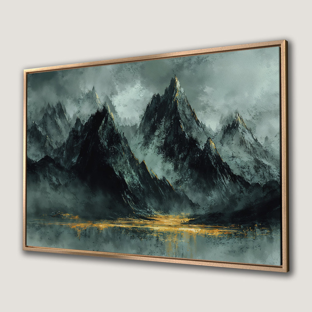 Framed Wall Art: Abstract mountain landscape canvas print in moody teal and gold tones. Perfect for modern home decor.