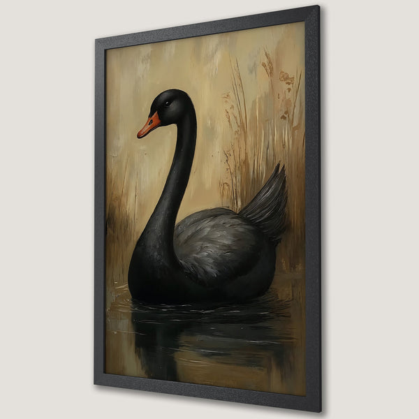 Framed Poster featuring a black swan in a pond, painted in an impressionistic style with a warm, earthy color palette. Perfect wall art!