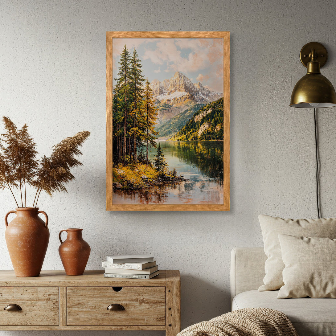 Framed Poster of a serene mountain lake scene in a vintage style, featuring a natural color palette. Perfect wall art!