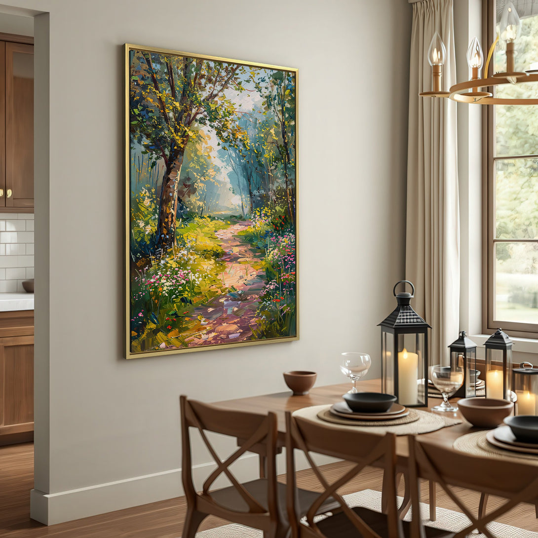 Canvas Print of a serene forest path in a warm, impressionistic style. Featuring a vibrant green and yellow color palette, perfect for home decor.