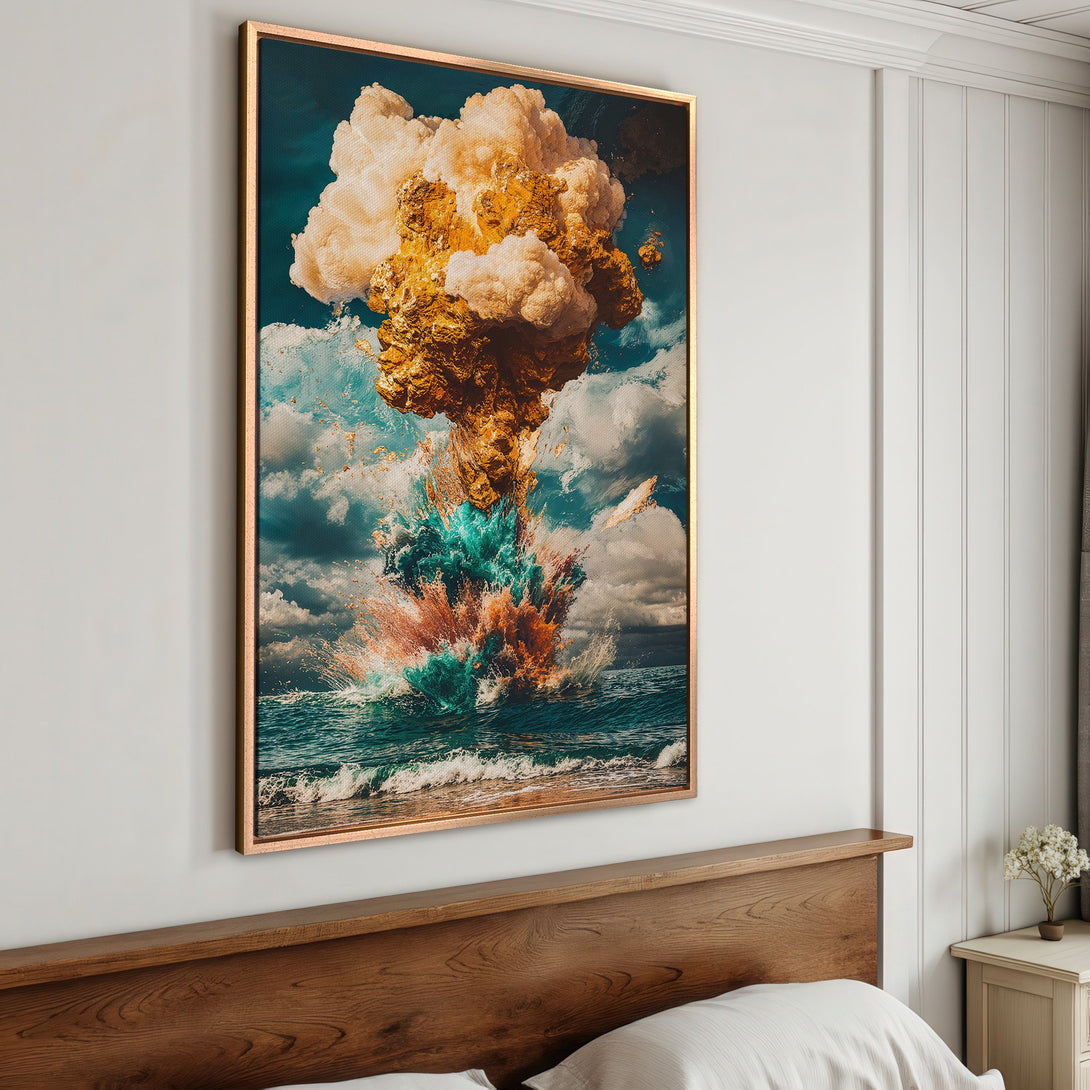 Framed Wall Art featuring an abstract ocean explosion in teal, gold, and orange. Modern canvas print for a stunning interior design statement.