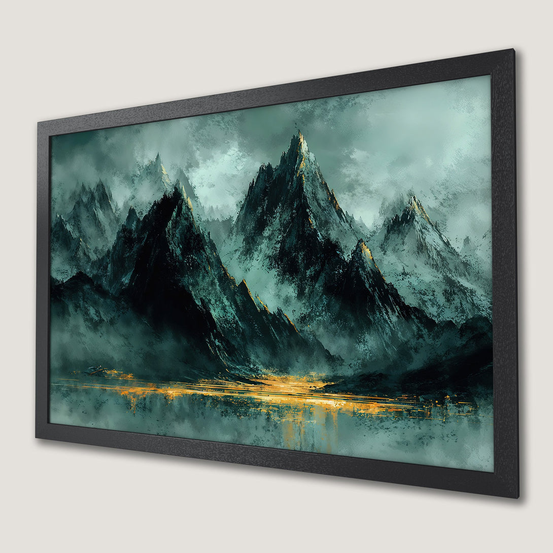 Framed Poster of majestic mountains in teal and gold, artistic style. Elevate your space!