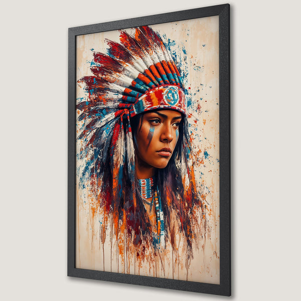 Framed Poster featuring a Native American woman in a vibrant, abstract style. Rich red, blue, and orange hues create a stunning artwork.