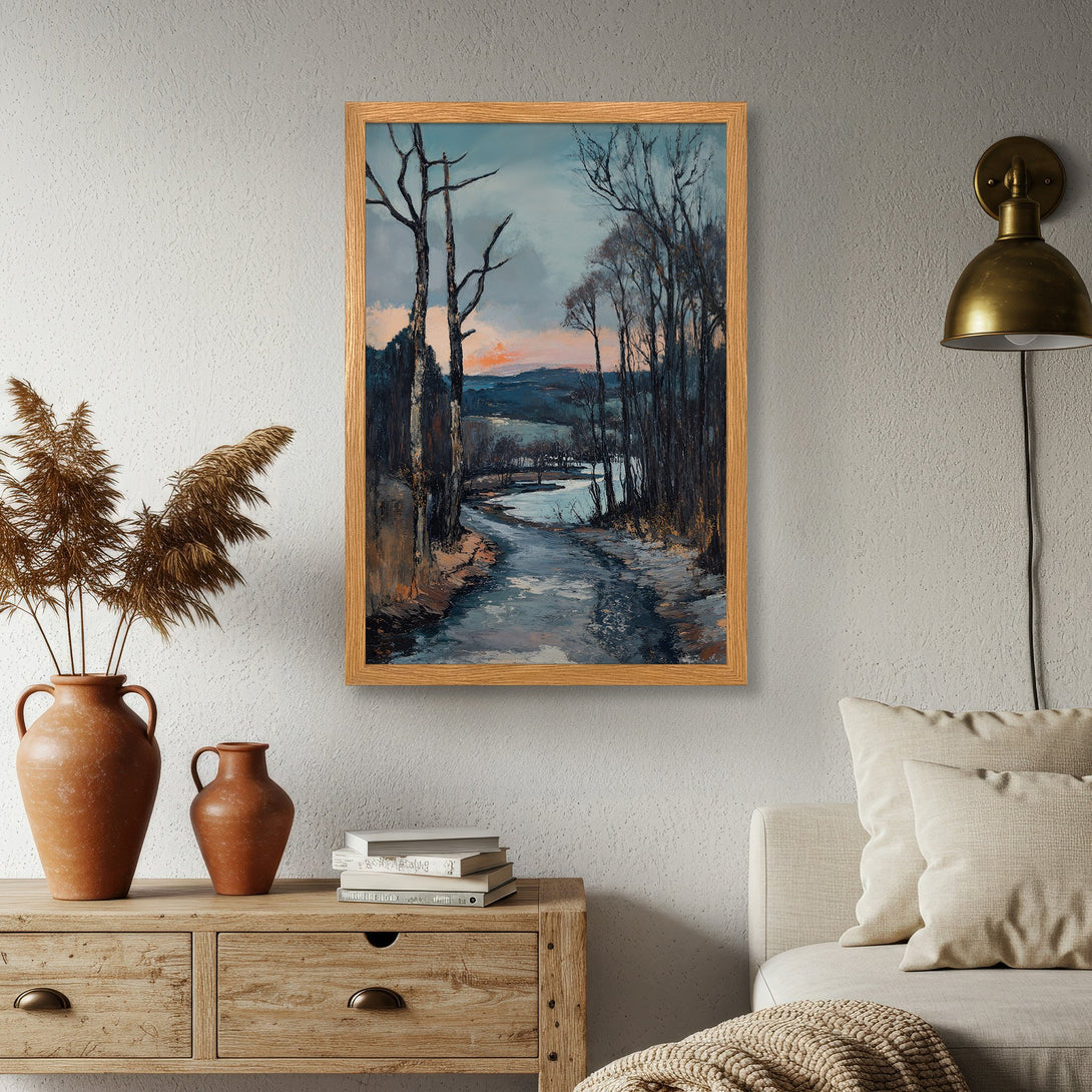 Framed Poster of a serene landscape painting in cool blues, greens, and warm orange tones, perfect for adding a touch of nature to your home.