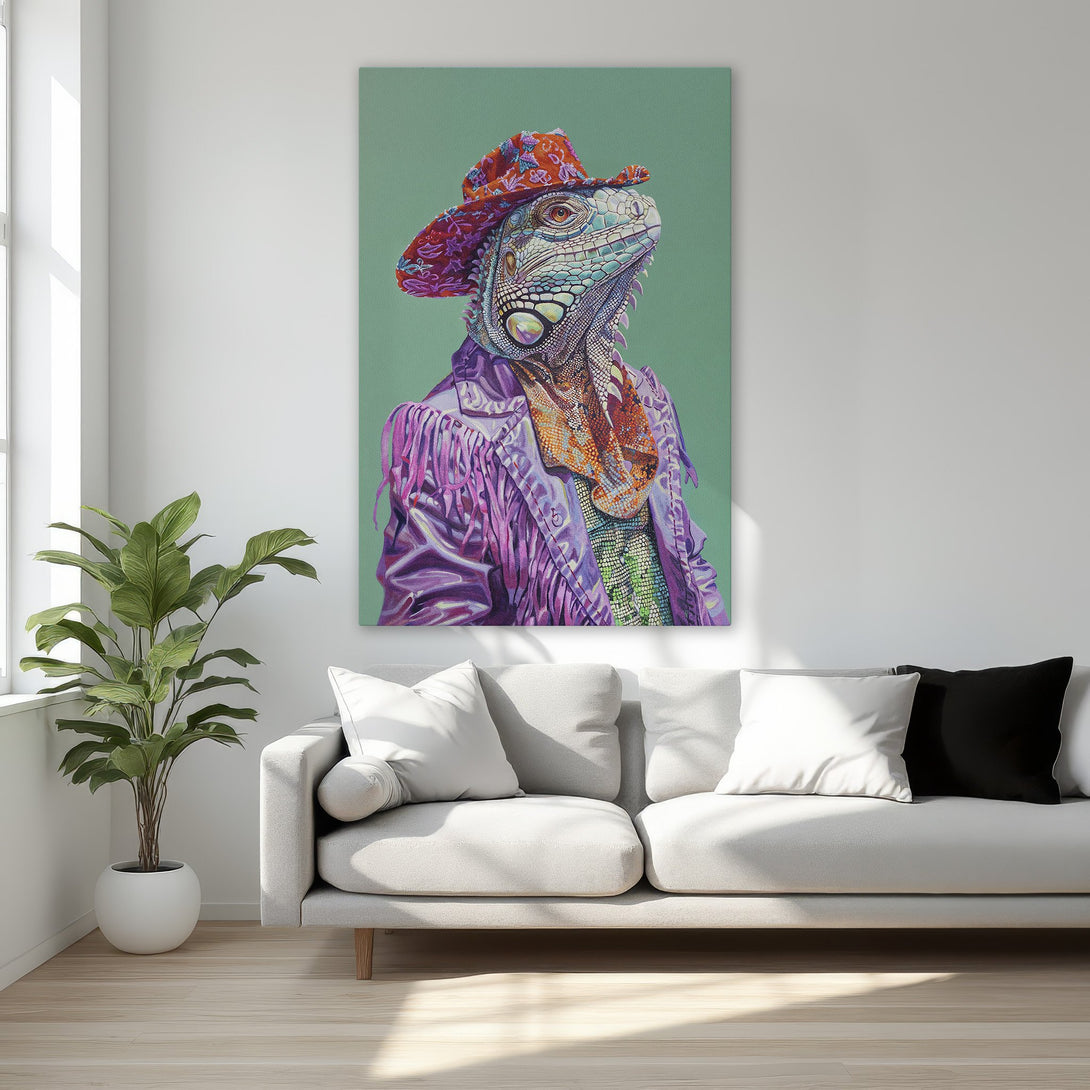 Framed Wall Art: Whimsical iguana portrait in a cowboy hat, vibrant purple, green, and gold color palette. Unique art for a stylish home.