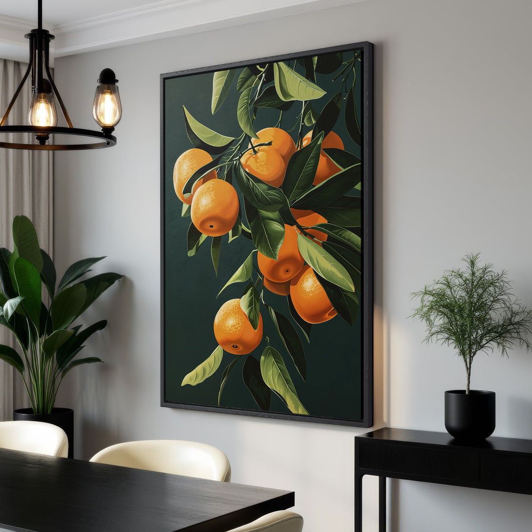 Framed Wall Art: Vibrant orange fruit painting on a dark green background. Modern botanical style with a warm, inviting color palette. Perfect for kitchen or dining room decor.
