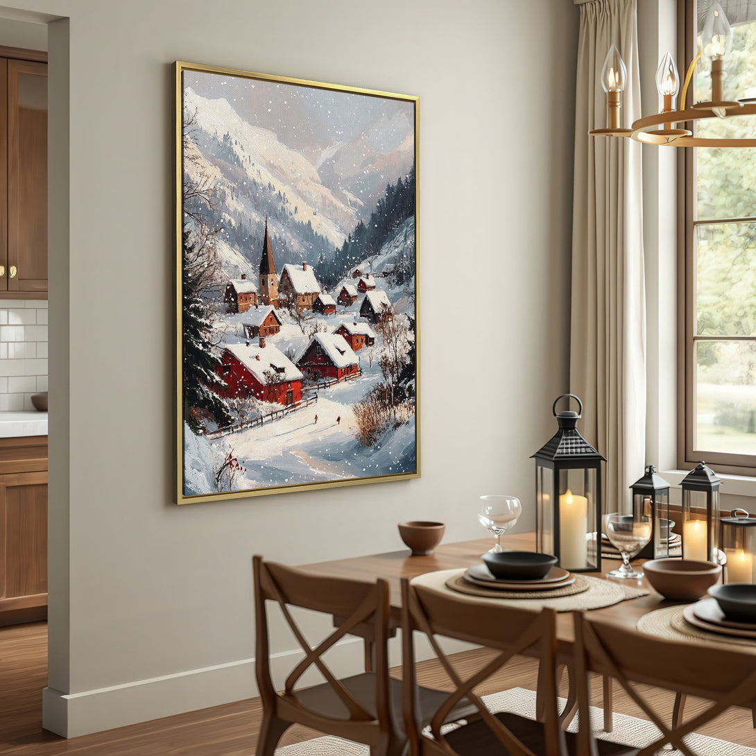 Canvas Print of a snowy village scene with red houses, mountains, and a neutral color palette. Perfect for cozy home decor.