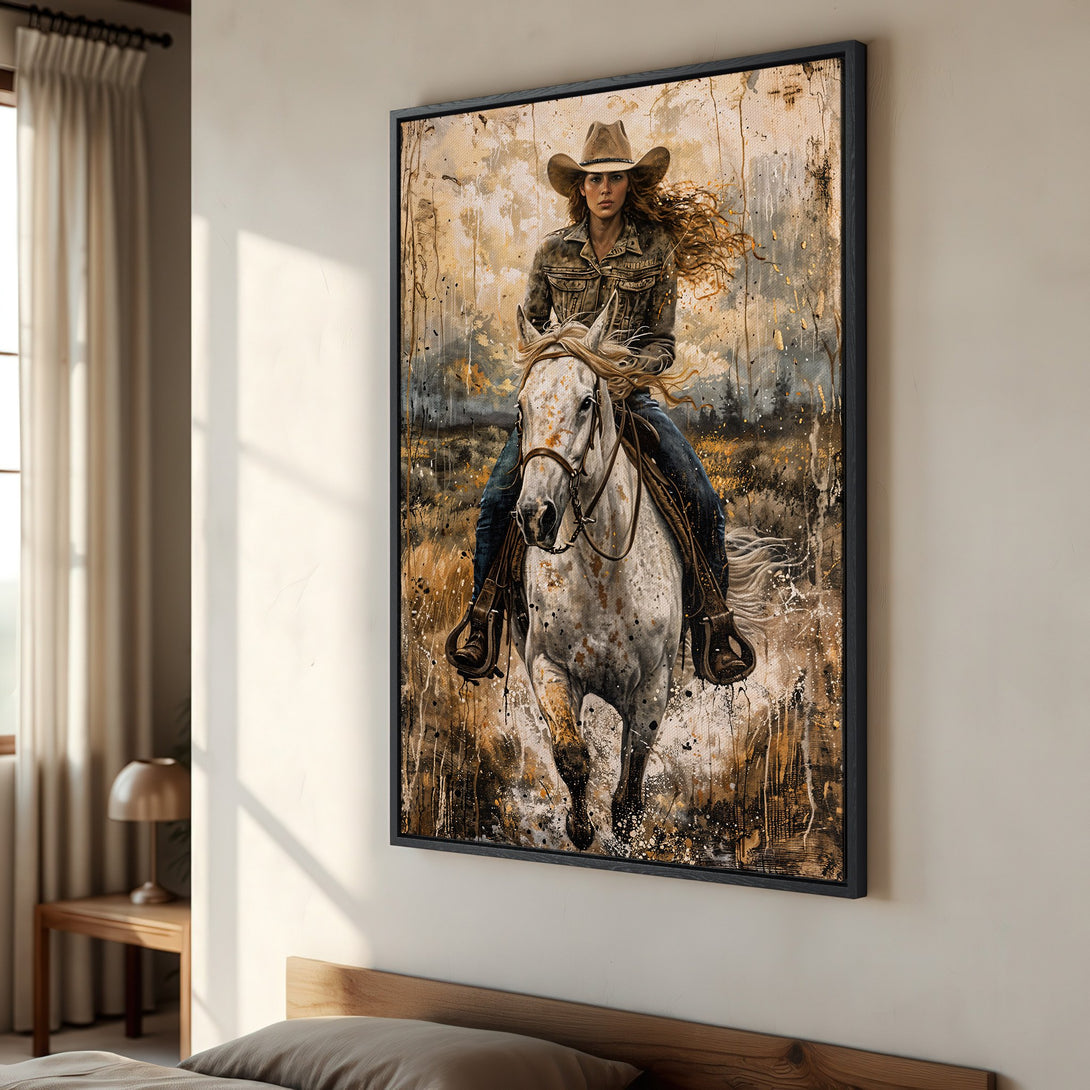 Framed Wall Art: Cowgirl on Horseback. Abstract art in warm earth tones. Perfect western decor for your home.