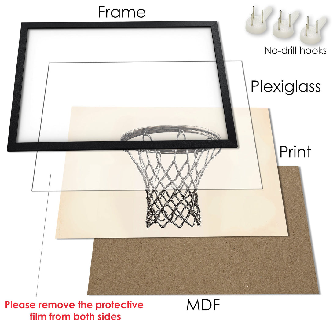 Framed Poster featuring a basketball net illustration in a vintage style with a neutral color palette. Perfect wall art!