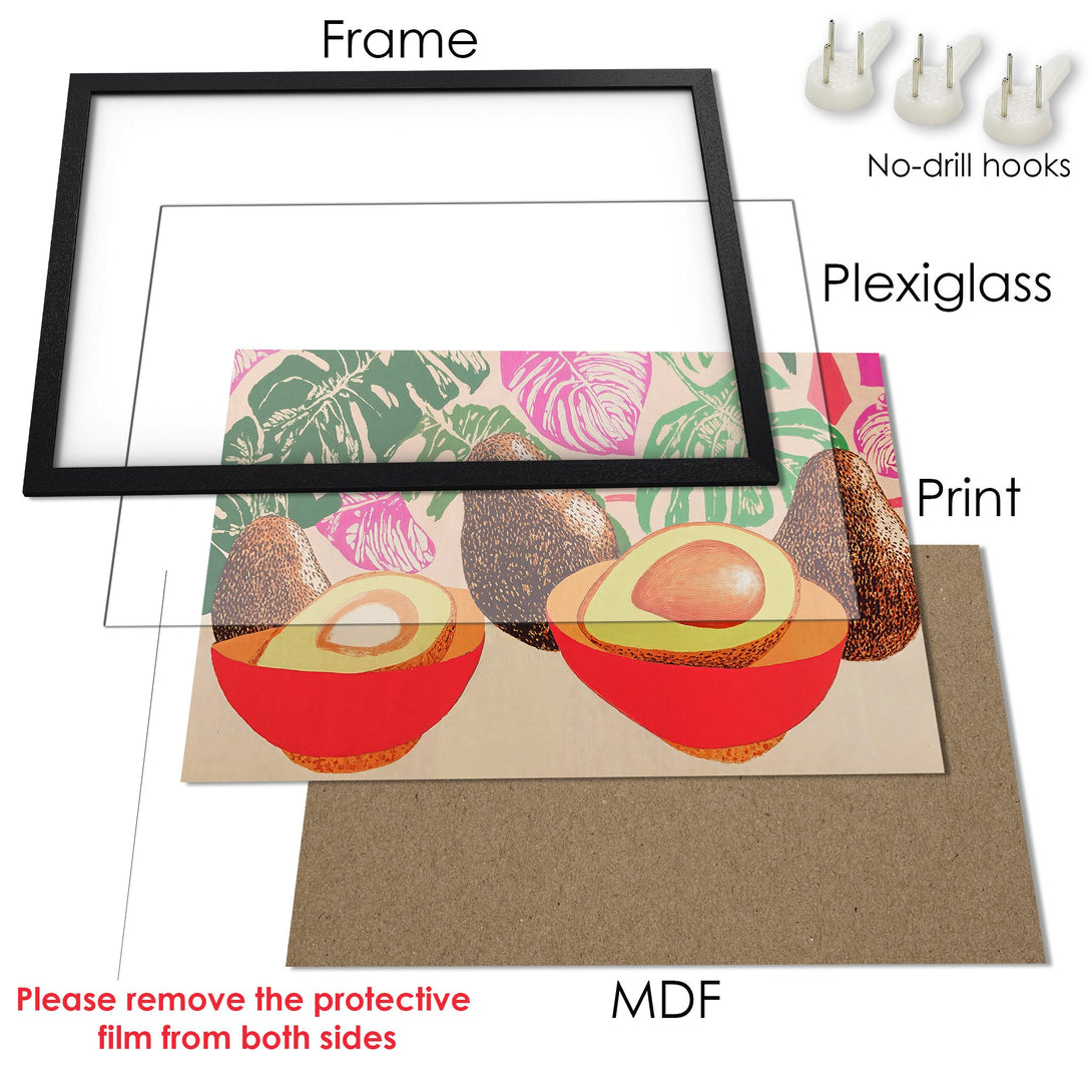 Framed Poster featuring avocado art in a vibrant, tropical style with a pink, green, and red color palette. Perfect wall decor!