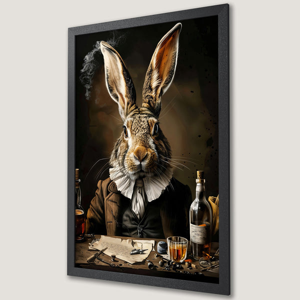Framed Poster featuring a dapper rabbit in a vintage style, warm brown color palette. Perfect for adding character to your space!