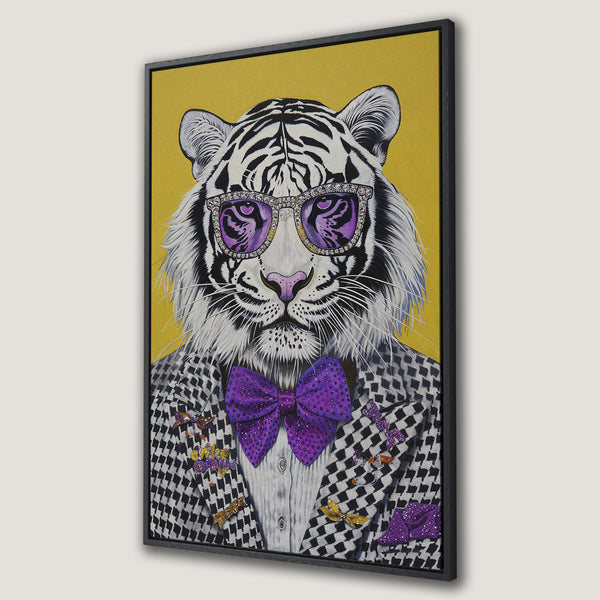 Framed Wall Art featuring a stylish tiger wearing sunglasses and a bow tie. Bold, modern art with a black, white, yellow, and purple color palette. Perfect for a statement piece!