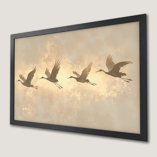 Framed Poster featuring elegant cranes in flight, warm neutral tones, perfect for home decor.