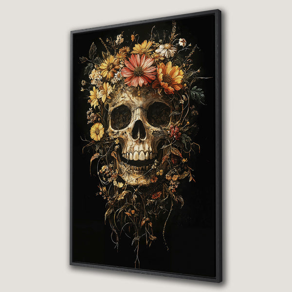 Framed Wall Art: Skull with floral crown. Dark, gothic style with warm, earthy tones against a black background. Perfect for unique home decor.