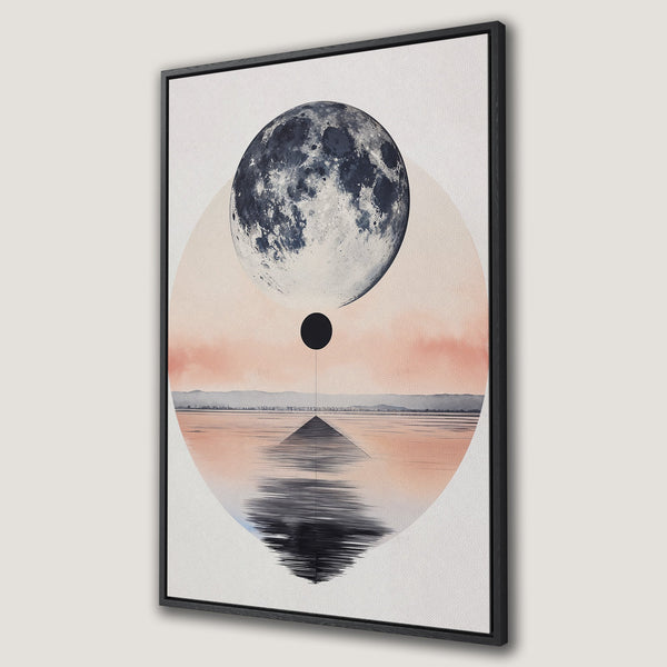 Framed Wall Art: Abstract moon and landscape art in a minimalist style with a muted pink and blue color palette. Perfect for modern decor.