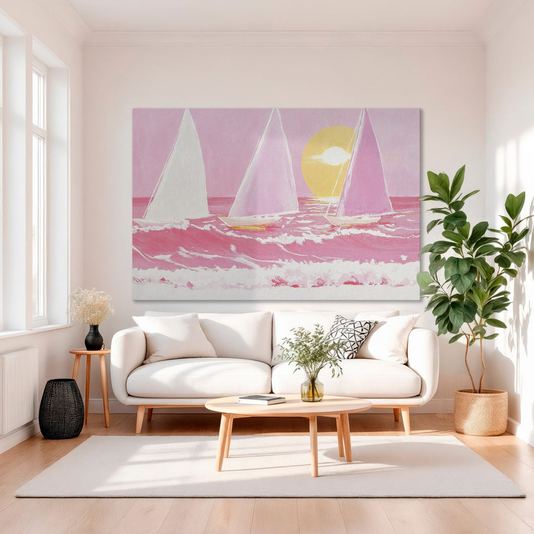 Framed Wall Art: Pink sailboat painting in a modern style. Adds a pop of color to any space. Perfect for coastal decor.