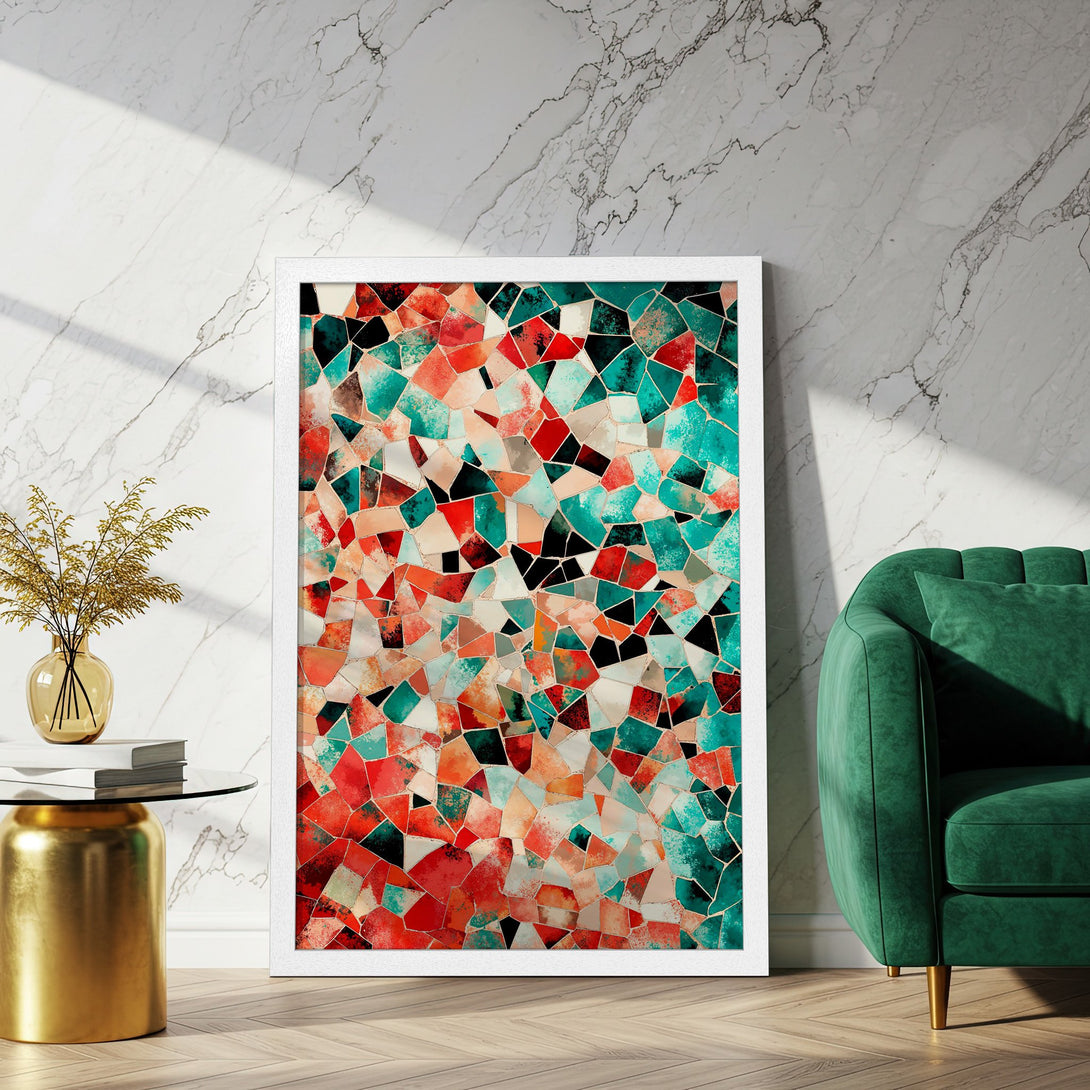 Framed Poster featuring abstract mosaic art in red, teal, and black, perfect for modern home decor.