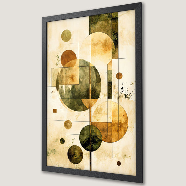 Framed Poster featuring an abstract geometric design in earthy tones of brown, green, and beige. Modern art for your home.