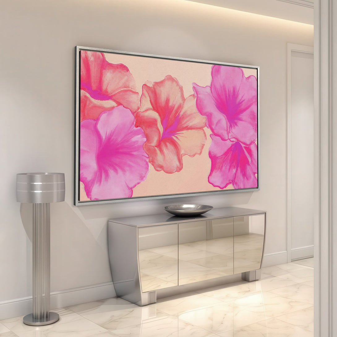 Framed Wall Art featuring vibrant pink floral art. Modern abstract style with a warm, inviting color palette. Perfect for adding a pop of color to your home!