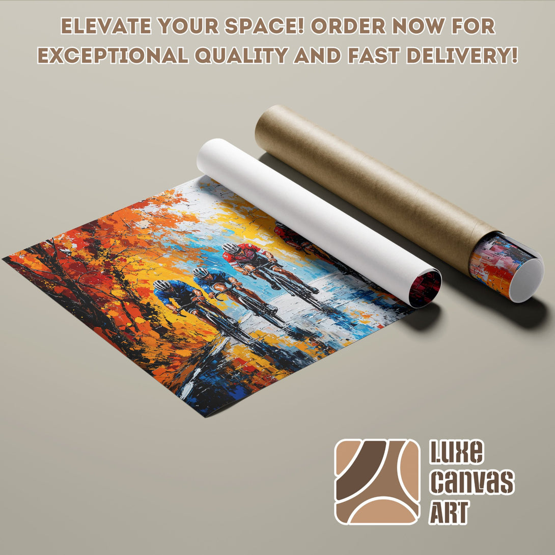 Vibrant cycling Poster Roll art, impressionistic style, with orange, blue, and white color palette. Order yours today!