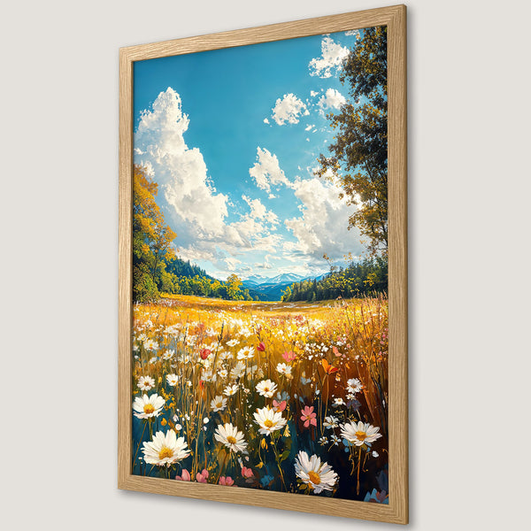 Framed Poster of a vibrant meadow scene with daisies, blue sky, and mountains. Impressionistic style, warm color palette. Perfect wall art.