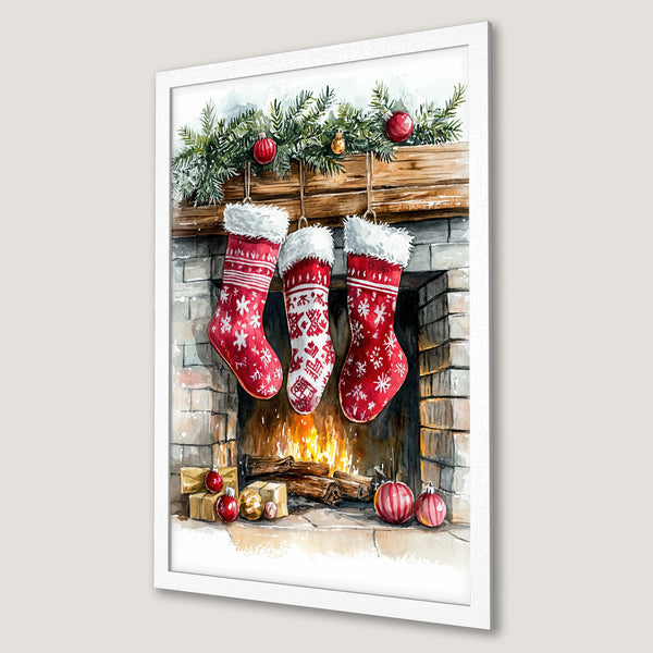 Framed Poster featuring a watercolor Christmas scene with stockings, fireplace, and festive decor. Warm red and green color palette.