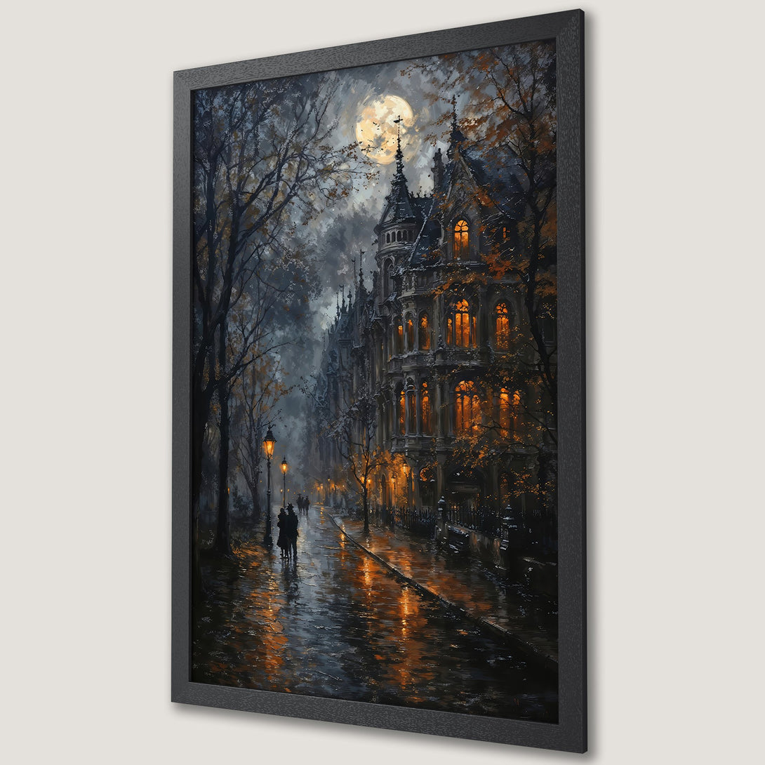 Framed Poster of a gothic street scene, featuring a moody, romantic style with a dark, warm color palette. Perfect wall art!