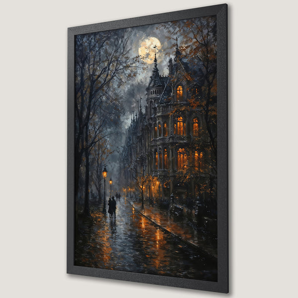 Framed Poster of a gothic street scene, featuring a moody, romantic style with a dark, warm color palette. Perfect wall art!