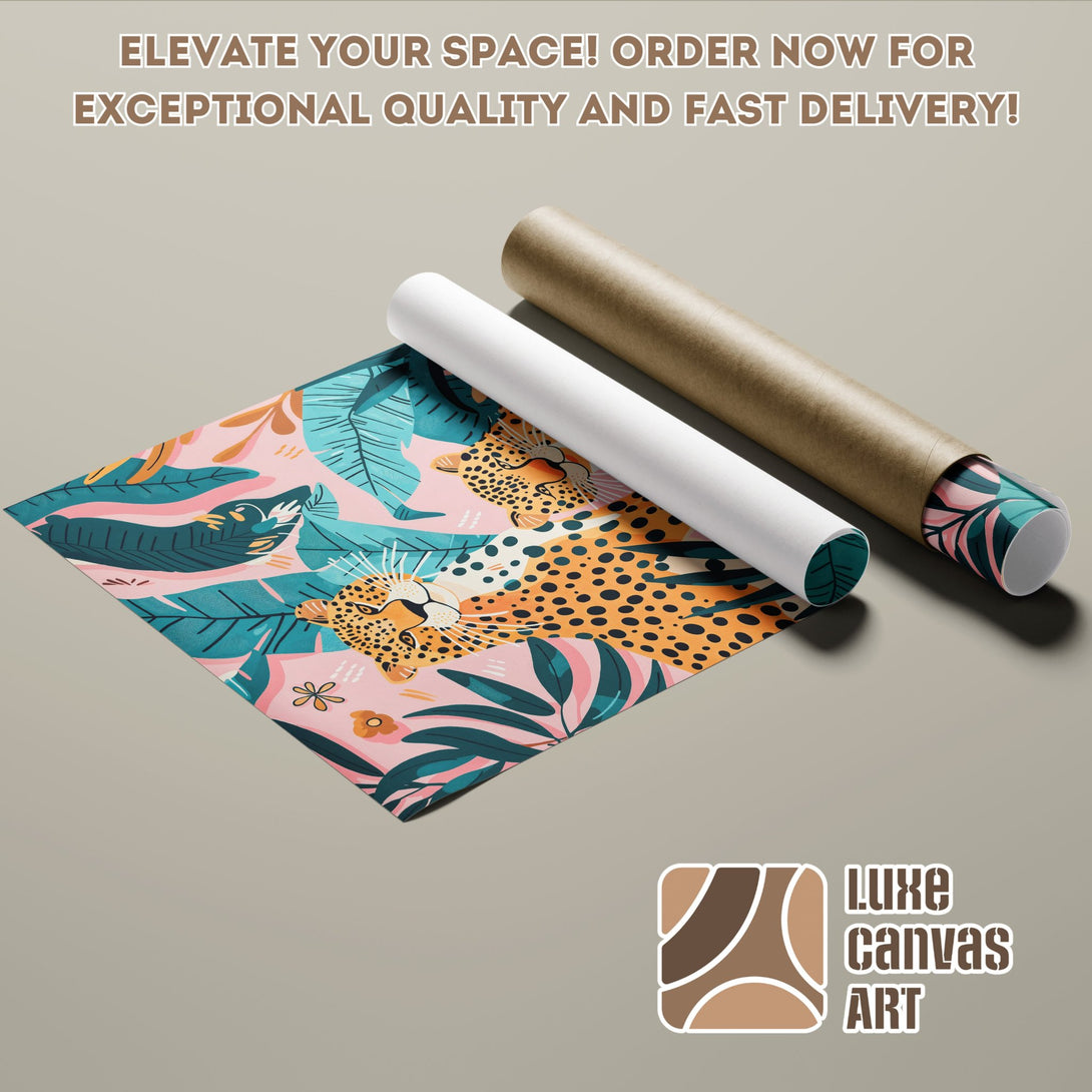Poster Roll featuring a leopard in a tropical style with pink, teal, and orange colors. Elevate your space!