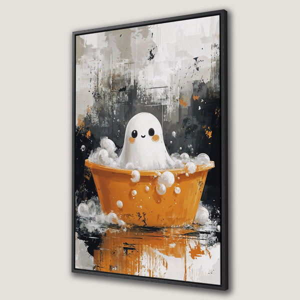 Framed Wall Art: Cute ghost in a bathtub, abstract style, orange & black color palette. Perfect Halloween decor! Canvas Print for your home.