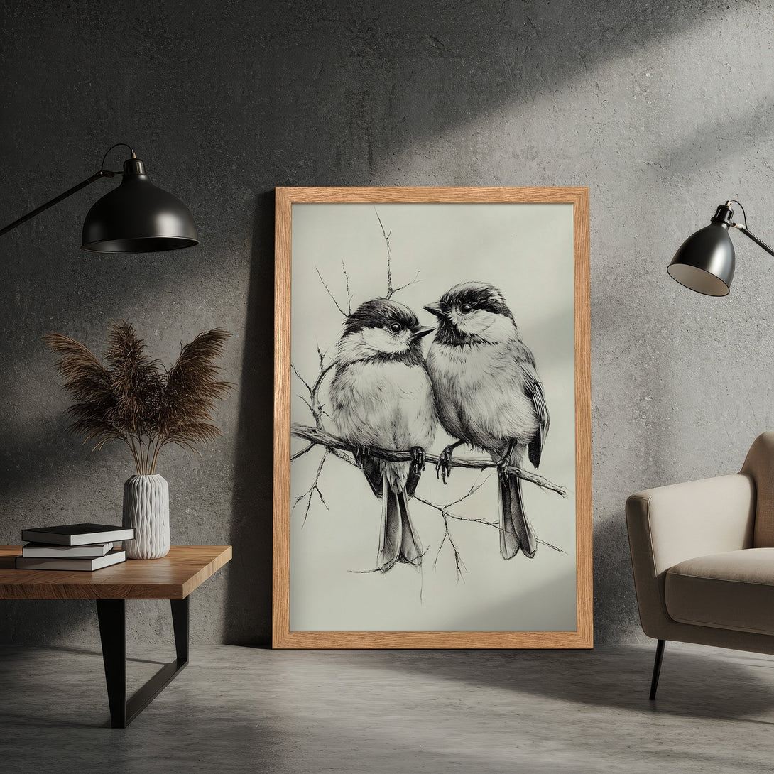 Framed Poster featuring a detailed pencil sketch of two birds on a branch, neutral color palette, perfect for adding a touch of nature to your home.