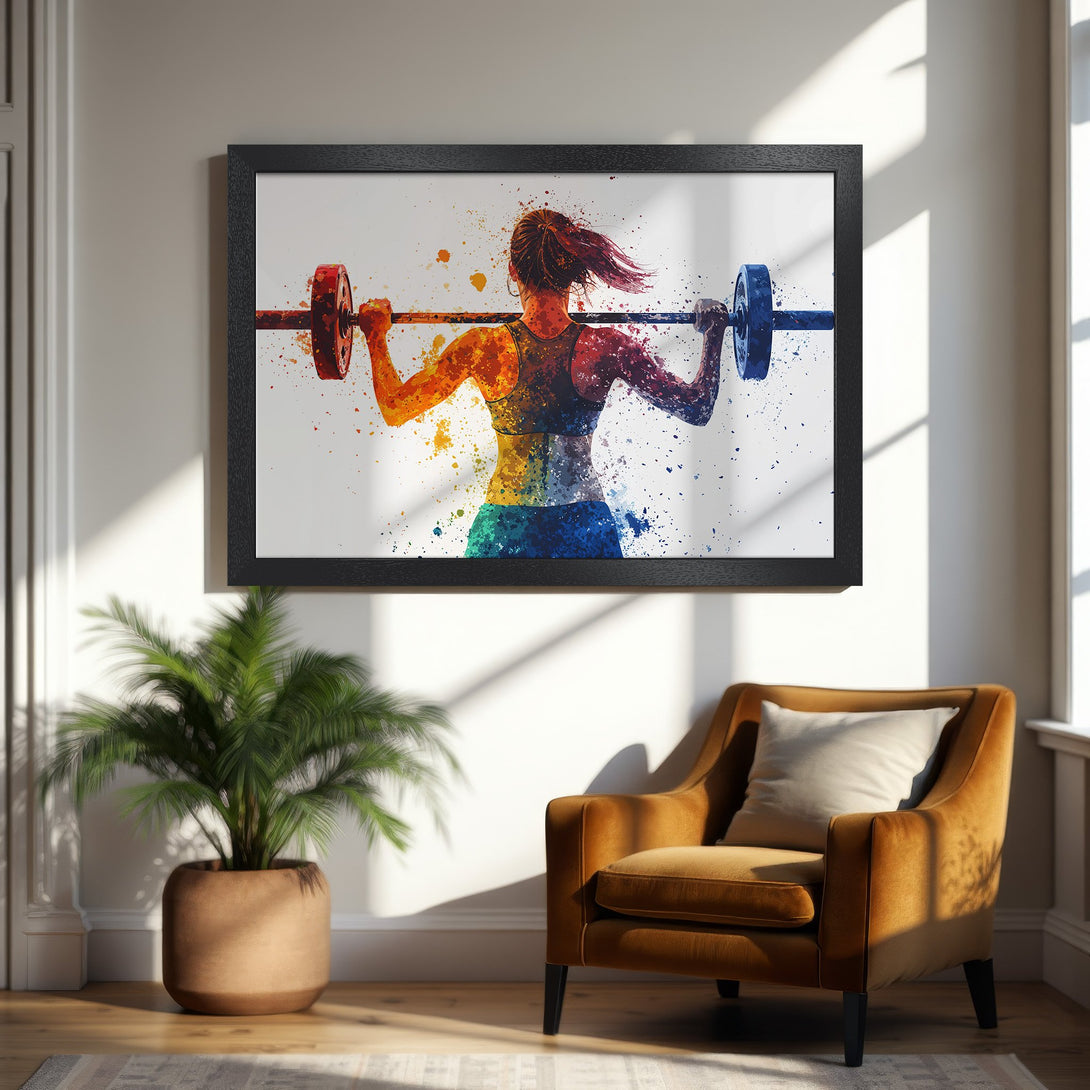 Framed Poster: Watercolor style weightlifting woman, vibrant rainbow color palette, perfect for home gym decor.