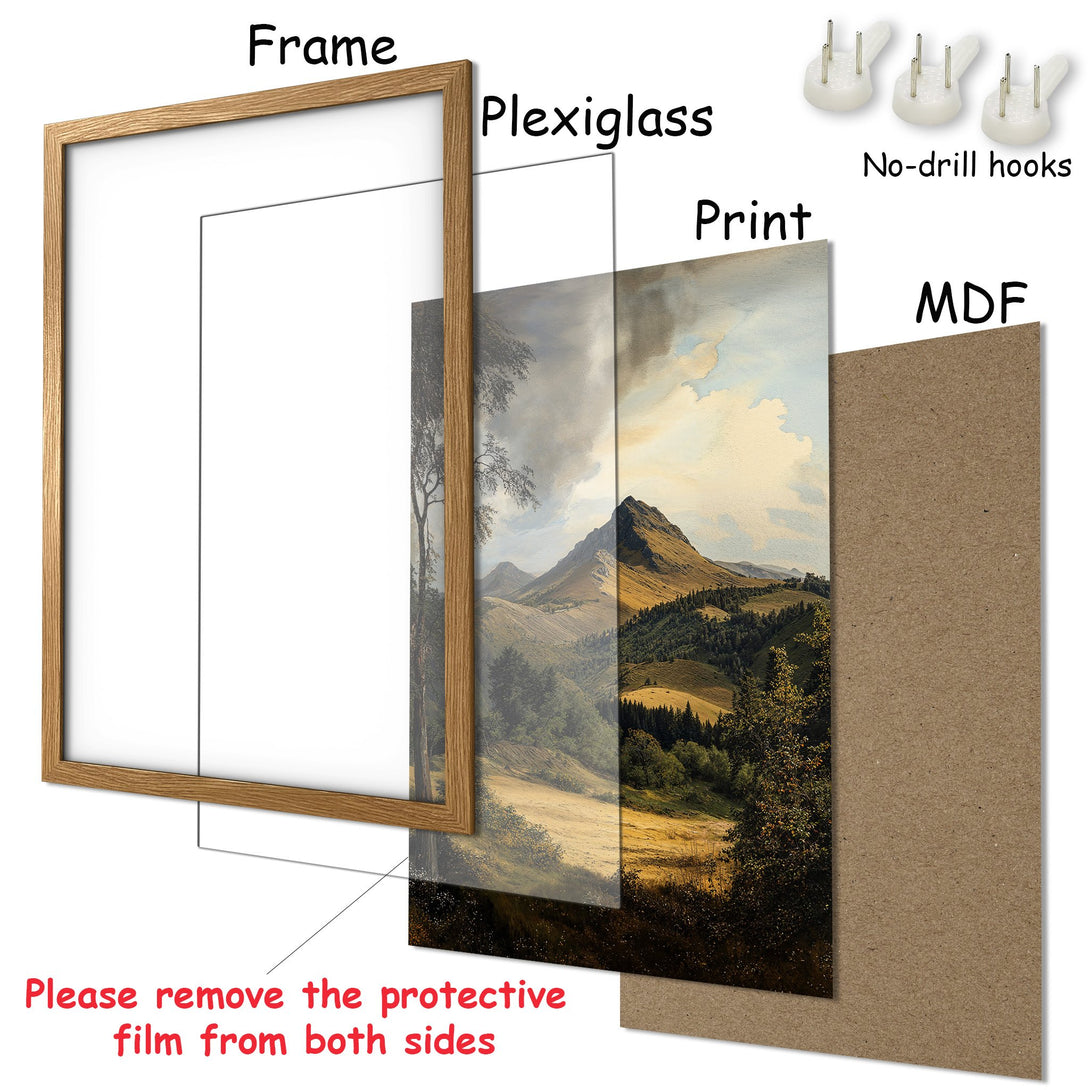 Framed Poster of a landscape painting in a natural wood frame. Features a muted, earthy color palette, perfect for any home decor.