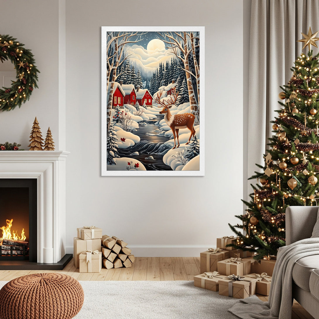 Framed Poster featuring a winter scene with a deer, red houses, and snowy landscape. Cozy style with a white, brown, and red color palette. Perfect holiday decor!
