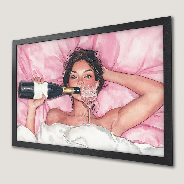 Framed Poster of woman with champagne, watercolor style, pink & black color palette. Add a touch of luxury to your space!