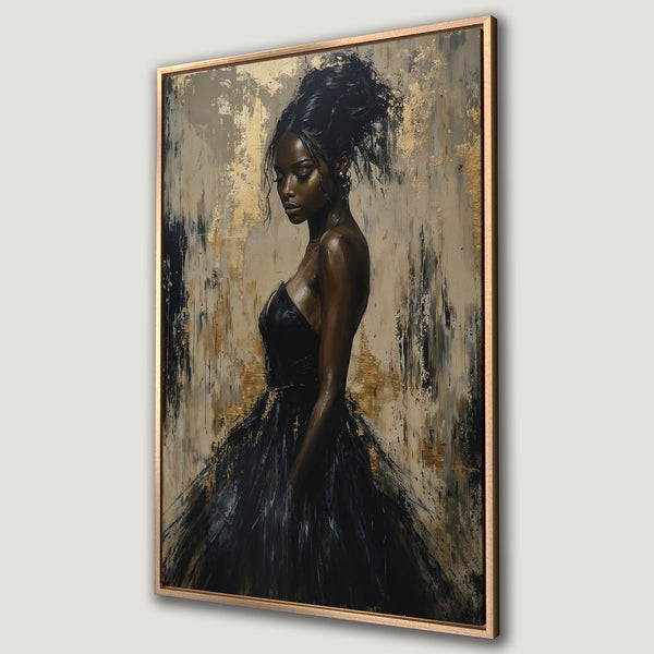 Framed Wall Art: Elegant woman in a black dress, abstract style, gold, black, and beige color palette. Perfect for modern home decor.