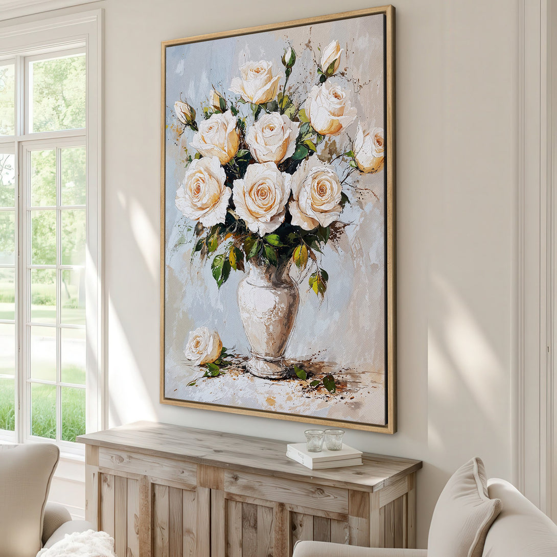 Framed Wall Art featuring a floral still life of roses in a vase. Soft, neutral color palette with warm ivory and green tones, perfect for home decor.