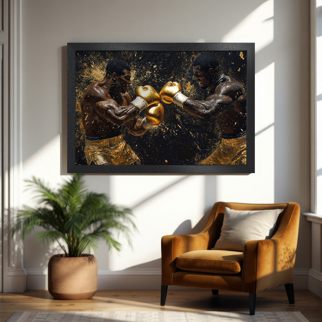 Framed Poster of boxing match in gold and black. Dramatic art print for your home decor.