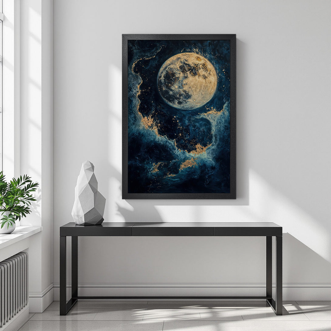 Framed Poster featuring a celestial moon art print in a blue and gold color palette. Perfect wall decor!