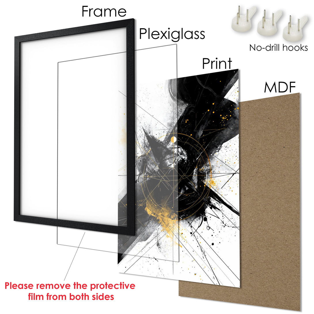 Framed Poster: Abstract art print in black, white, and gold. Modern wall decor for your home.