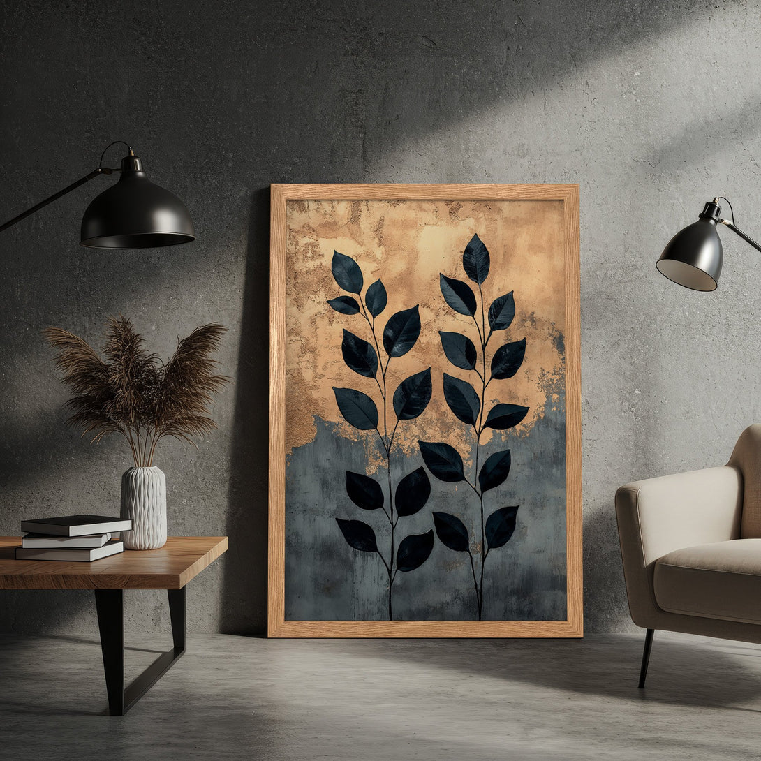 Framed Poster featuring abstract botanical art in a moody, neutral color palette. Perfect for modern home decor!