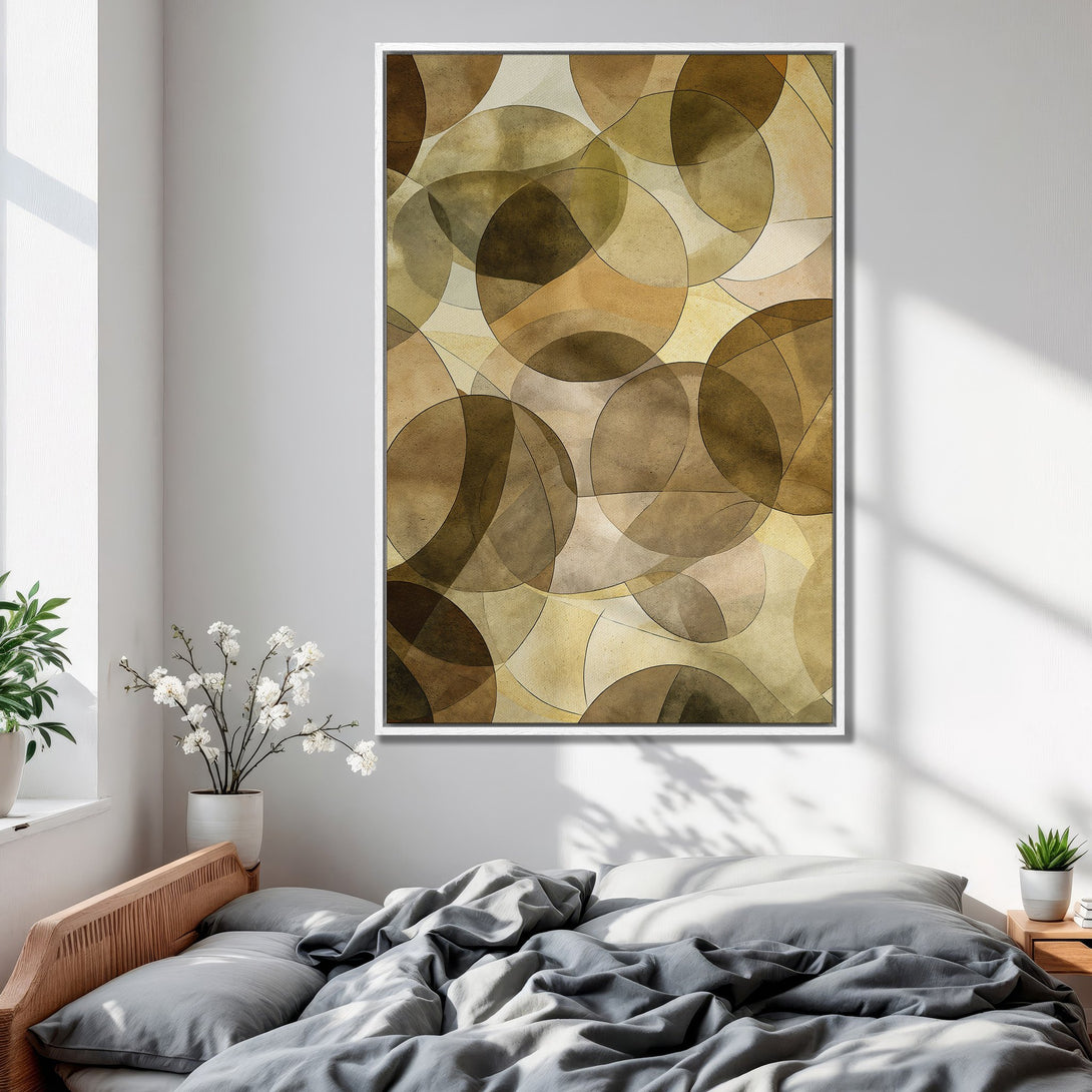 Framed Wall Art featuring an abstract geometric design in warm earth tones. Modern art for a stylish bedroom.