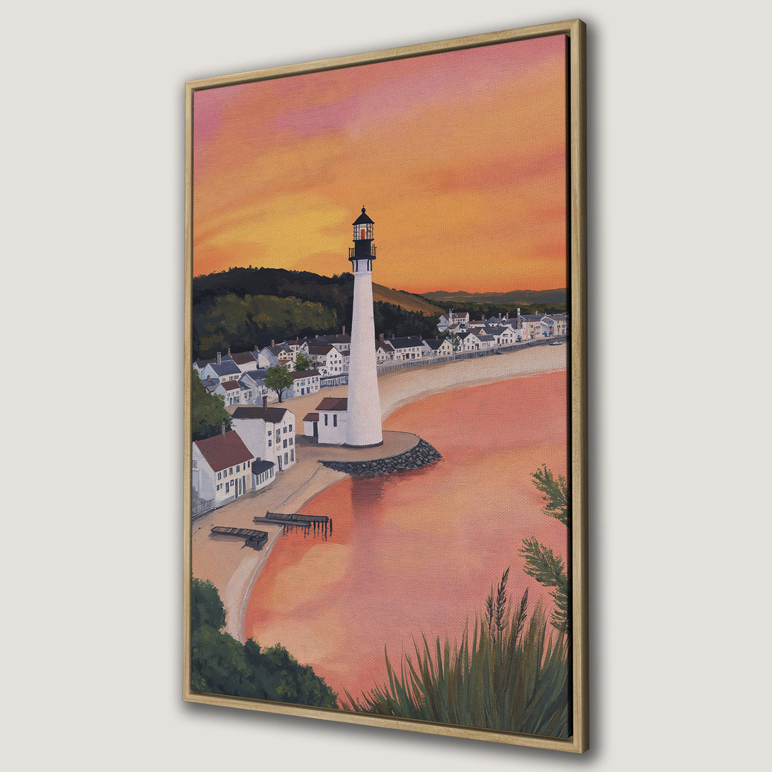 Framed Wall Art Canvas Print of a coastal scene with a lighthouse, painted in a warm, sunset color palette. Perfect for adding a touch of serenity!