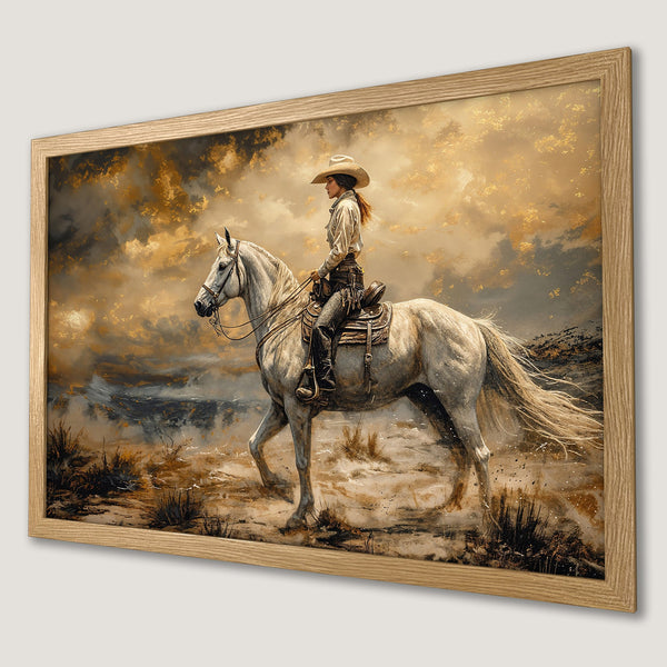 Framed Poster: Cowgirl on white horse, western art style, warm gold and earth tone color palette. Perfect wall decor.