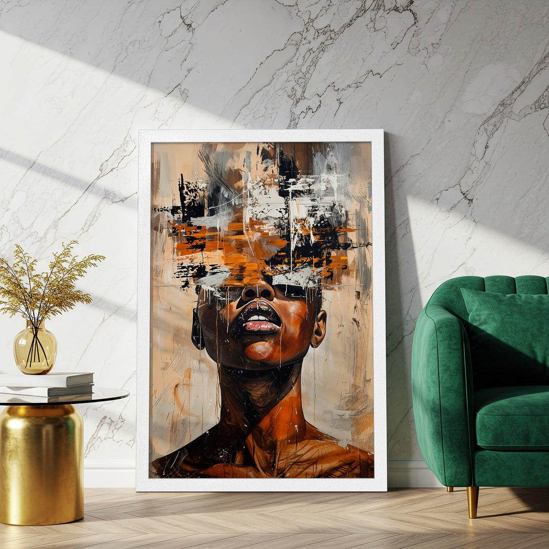 Framed Poster featuring an abstract portrait in warm tones. Modern art style with a neutral and orange palette. Perfect wall decor.