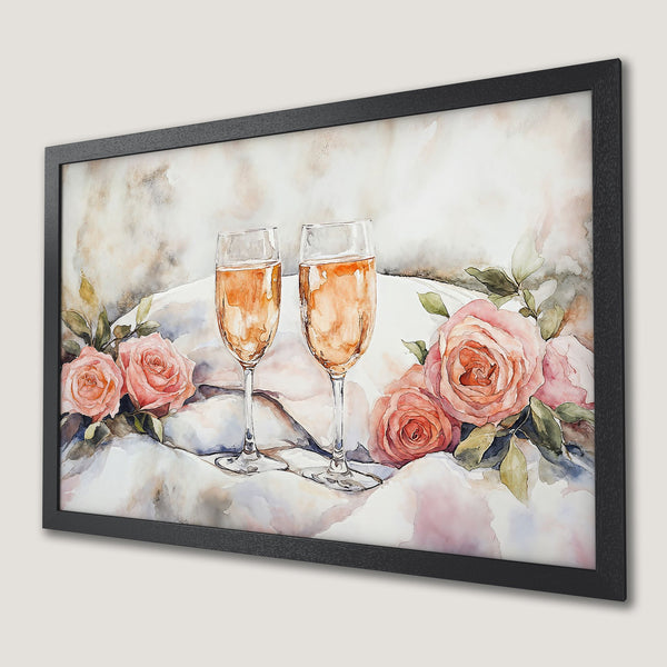 Framed Poster featuring watercolor artwork of champagne glasses and roses in a soft pink and neutral palette. Perfect for romantic decor.