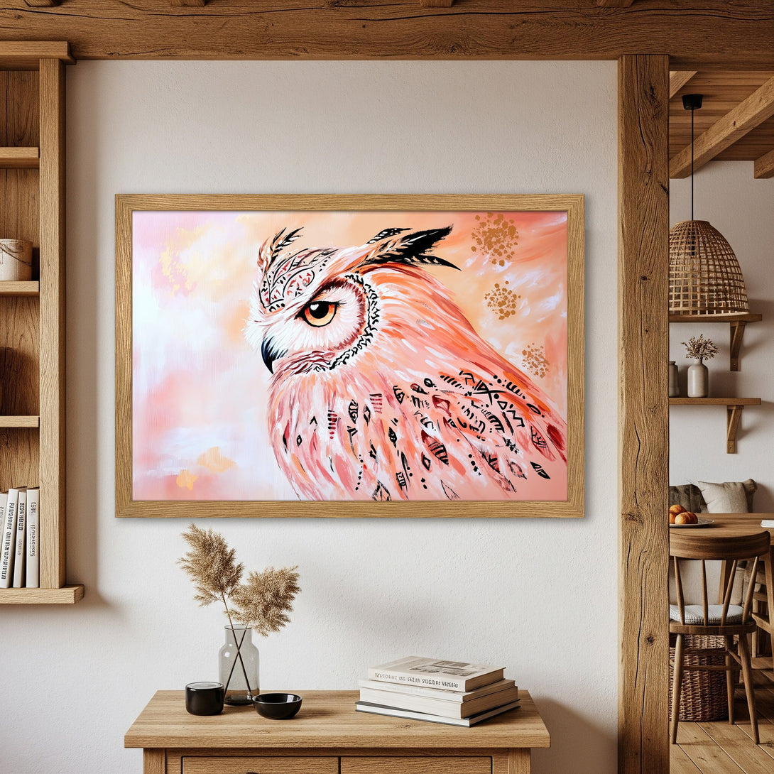 Framed Poster of an owl in a boho style, featuring a warm pink and orange color palette, perfect wall decor.