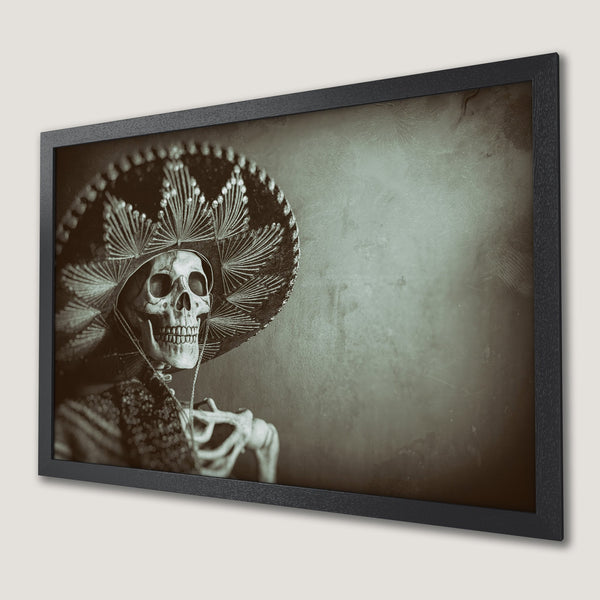 Framed Poster featuring a skeleton in a sombrero, vintage style, sepia tones. Add a unique touch to your decor!