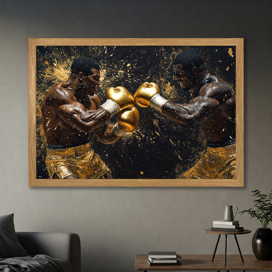 Framed Poster featuring two boxers in action, gold and black abstract style, dynamic art print.